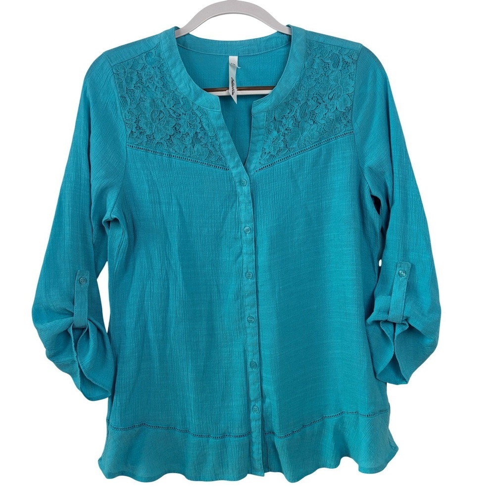 NY Collection Lace Yoke Roll Tab Blouse Medium‎ Turquoise Blue